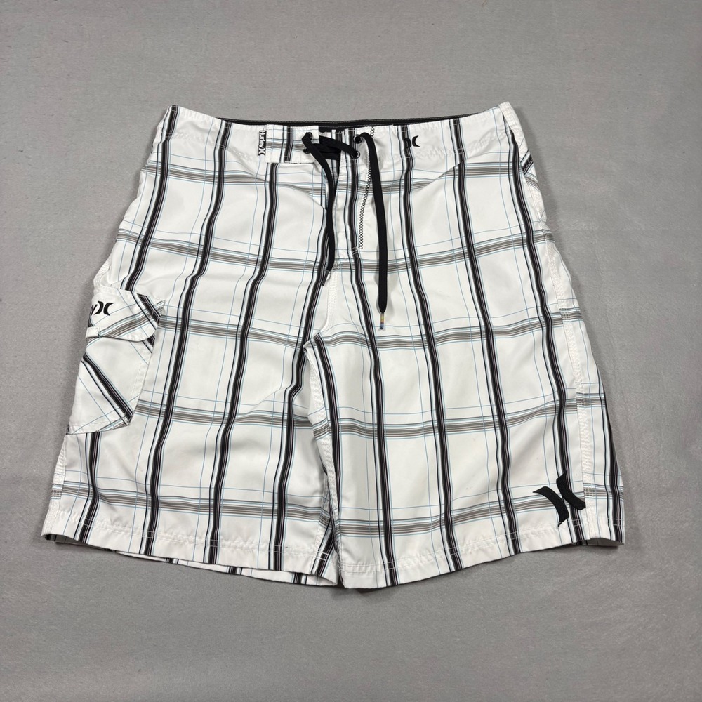 Hurley Mens Plaid Board Shorts White Black Blue Size 33 Cargo Pocket Swim Trunks